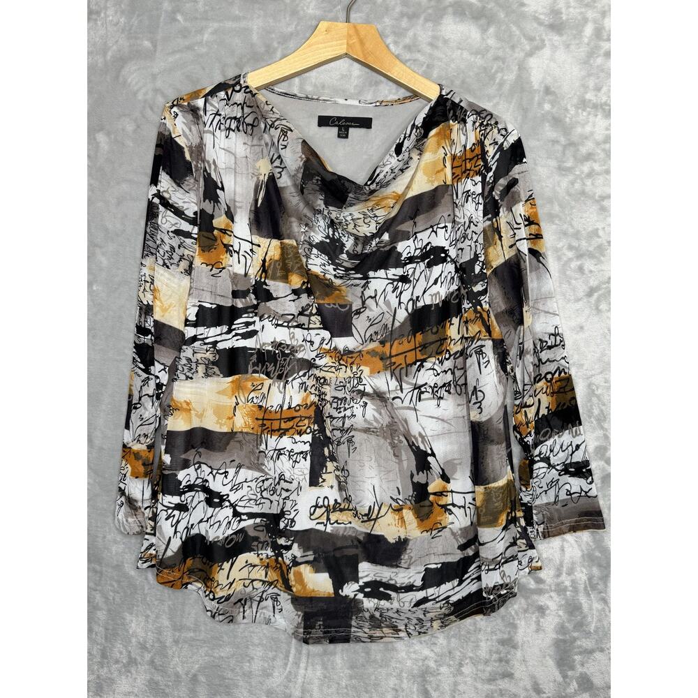 Calessa Blouse Womens Large Multicolor Abstract Cowl Neck 3/4 Sleeve Artsy Lined